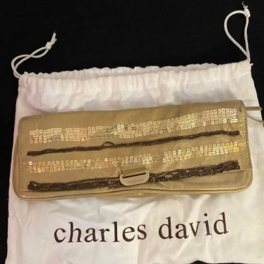 Charles David Tan Leather Beaded Sequin clutch with dust bag